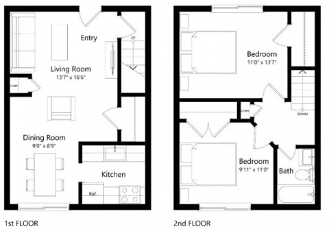 Floor plan for 2 beds, 1 bath, 905 sqft
